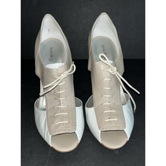 Marc Fisher Leather Pep Toe 4" Heels Lace Up Shoes Open Sides Tan White Sz 7.5 - Picture 2 of 9